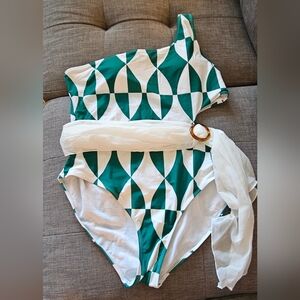 Geometric Green and White One-Shoulder Swimsuit